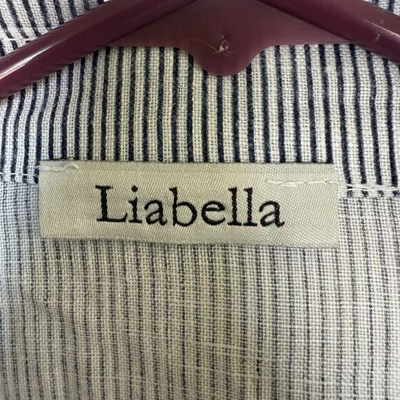Liabella Top Woman's Button Up Blouse Striped Blue 100% Linen 7XL L/S Coastal - Picture 2 of 8